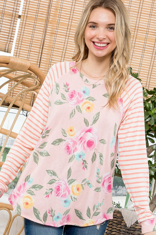 FLORAL STRIPE MIXED BASEBALL TOP