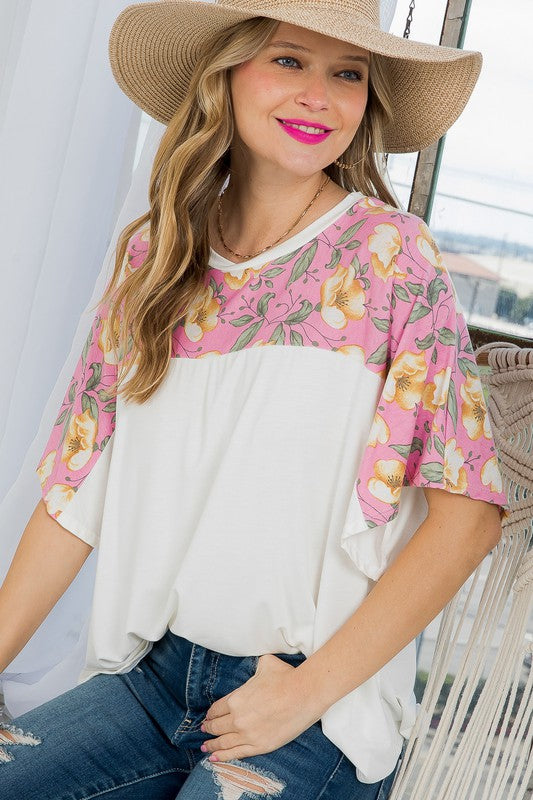 SOLID AND FLORAL MIXED CASUAL TOP