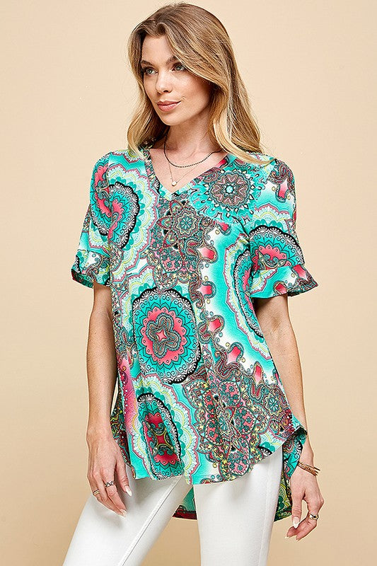 WOMEN PAISLEY PRINTED RUFFLE SLEEVE TUNIC BLOUSE