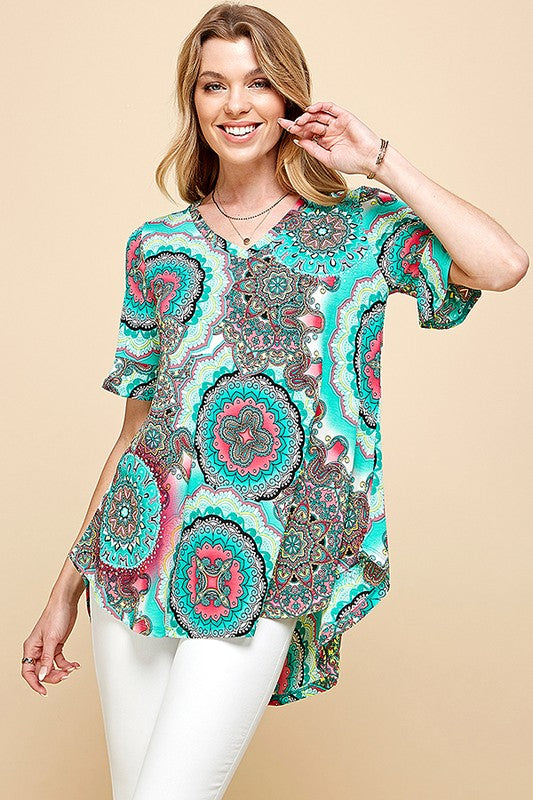 WOMEN PAISLEY PRINTED RUFFLE SLEEVE TUNIC BLOUSE