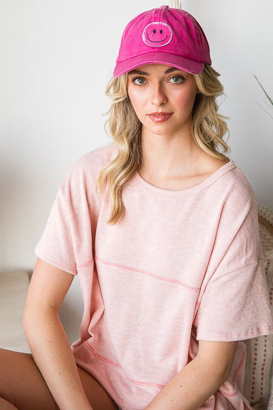 Baseball Cap with Sequin Smiley Face Patch