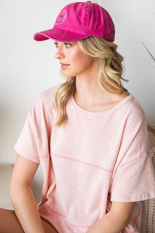 Baseball Cap with Sequin Smiley Face Patch