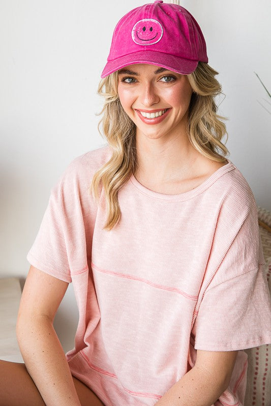 Baseball Cap with Sequin Smiley Face Patch