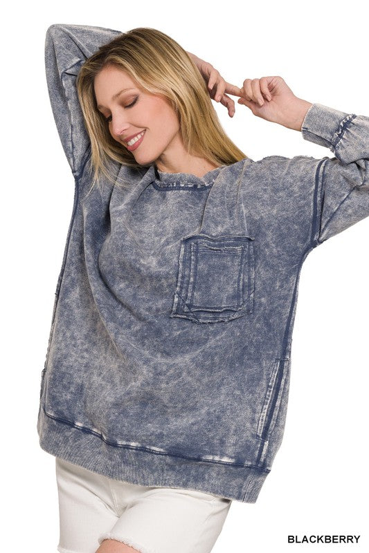 F/TERRY ACID WASH RAW EDGE FRONT POCKET PULLOVER