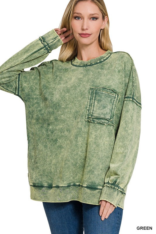 F/TERRY ACID WASH RAW EDGE FRONT POCKET PULLOVER