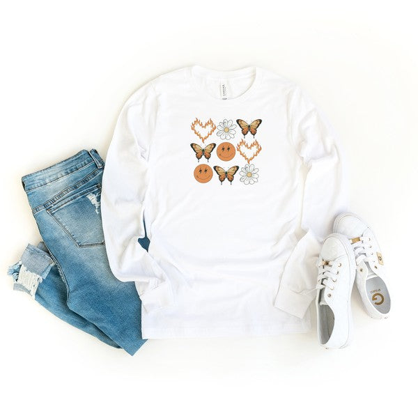 Butterfly Smiley Face Long Sleeve Graphic Tee