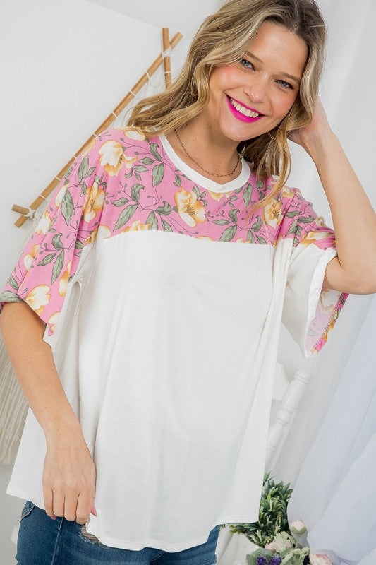 SOLID AND FLORAL MIXED CASUAL TOP