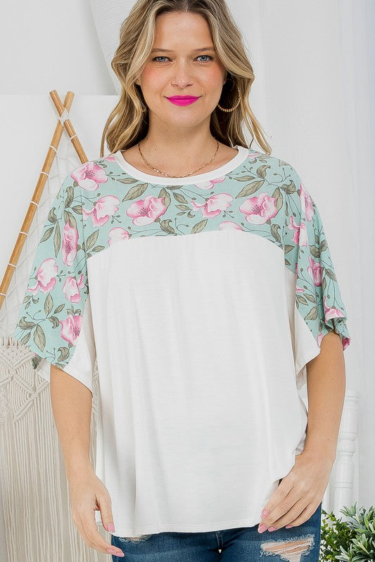 PLUS SOLID FLORAL MIXED CASUAL TOP