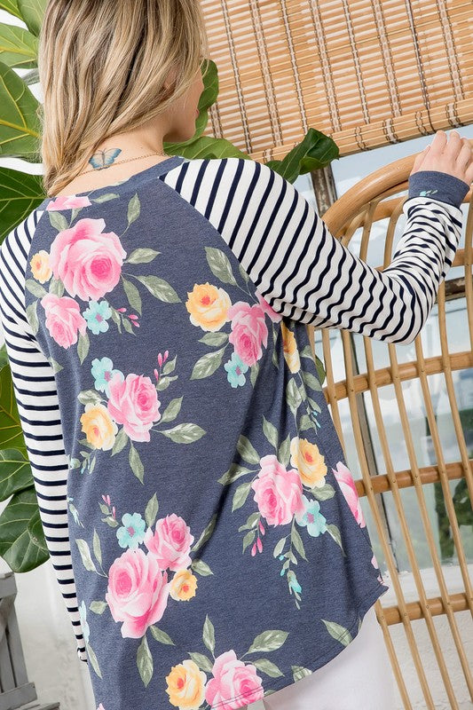 FLORAL STRIPE MIXED BASEBALL TOP