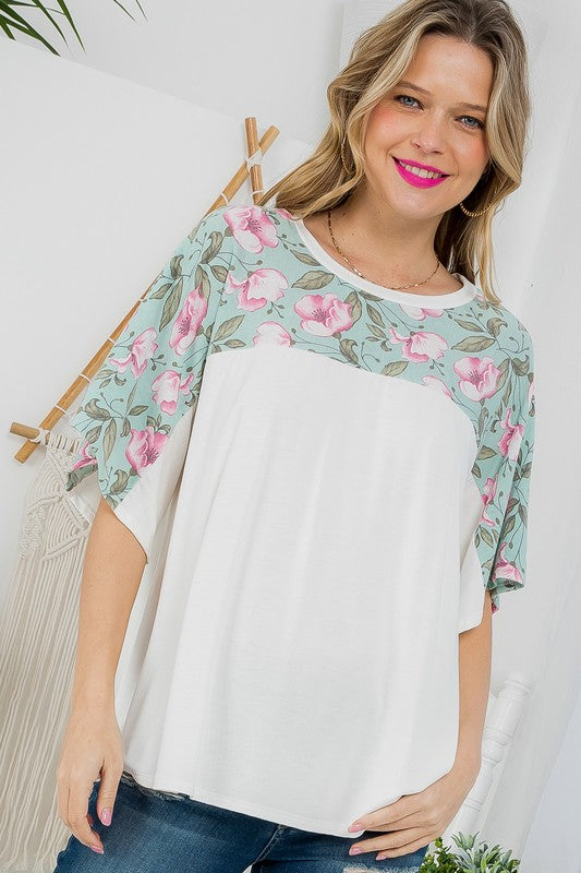 SOLID AND FLORAL MIXED CASUAL TOP