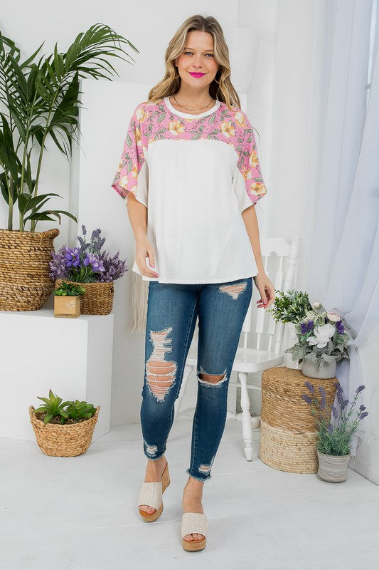 SOLID AND FLORAL MIXED CASUAL TOP