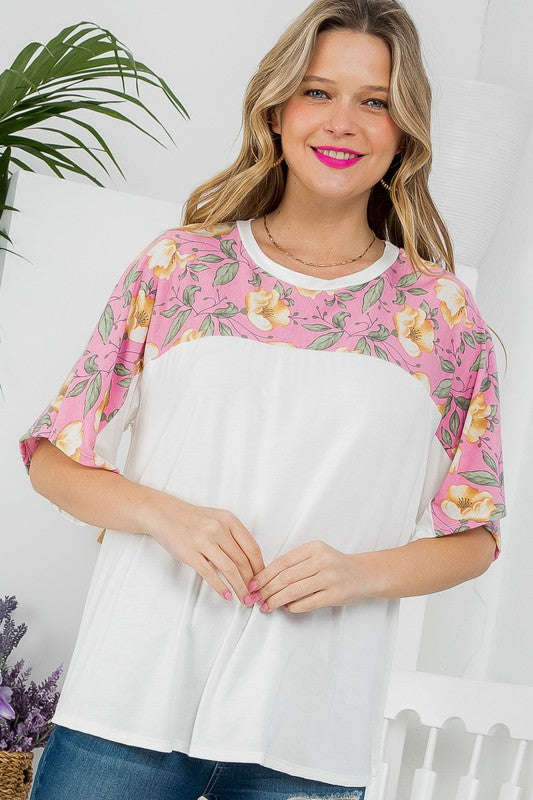 SOLID AND FLORAL MIXED CASUAL TOP