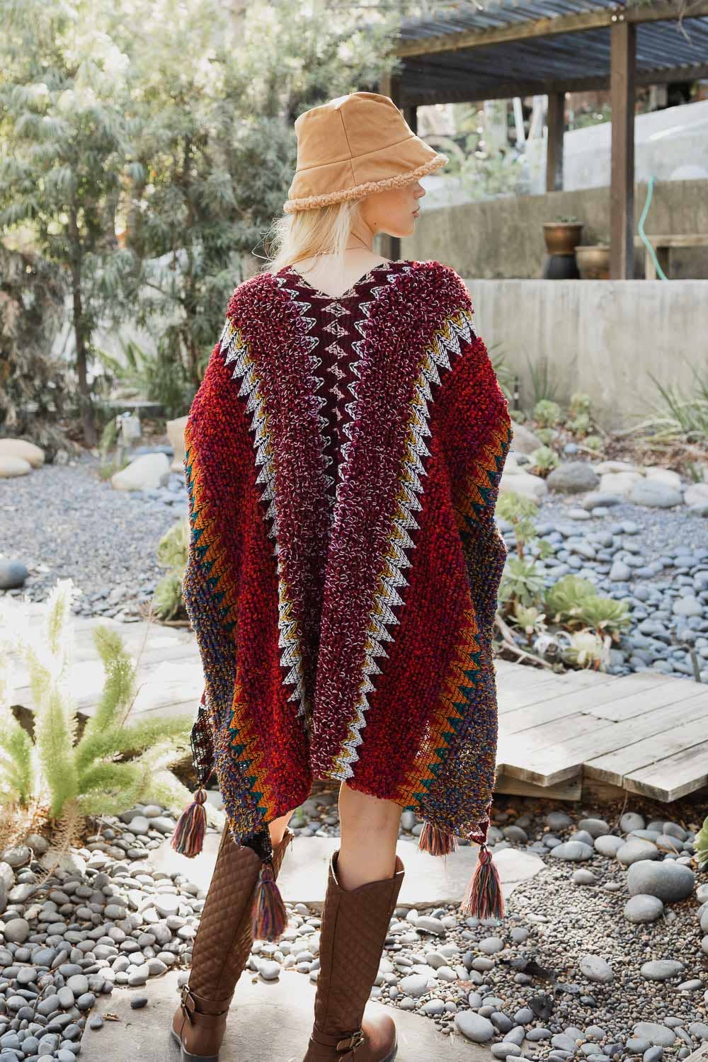 Colorful Crochet Patterned Ruana: Maroon