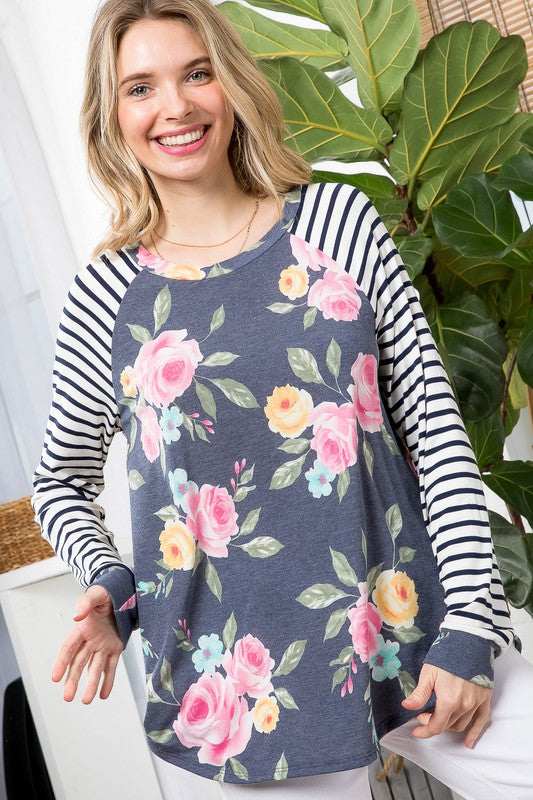 PLUS FLORAL STRIPE MIX BASEBALL TOP