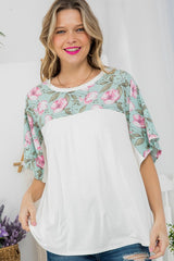 PLUS SOLID FLORAL MIXED CASUAL TOP