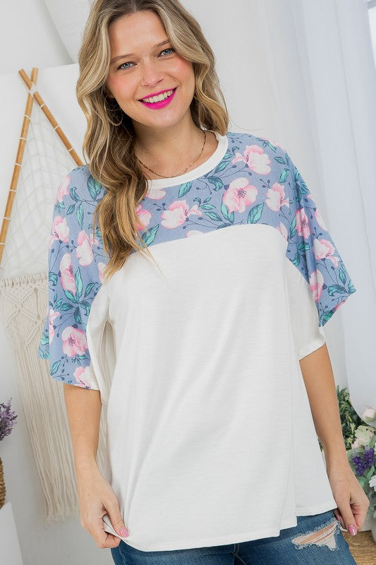 SOLID AND FLORAL MIXED CASUAL TOP