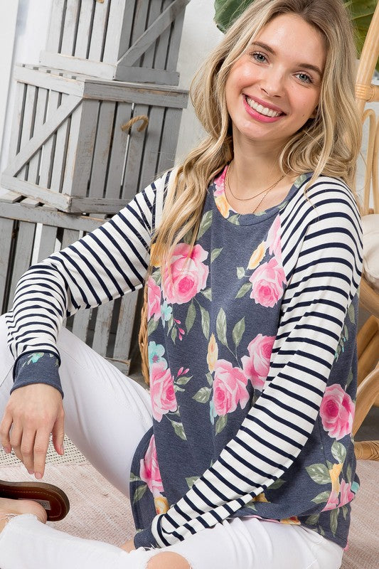 PLUS FLORAL STRIPE MIX BASEBALL TOP