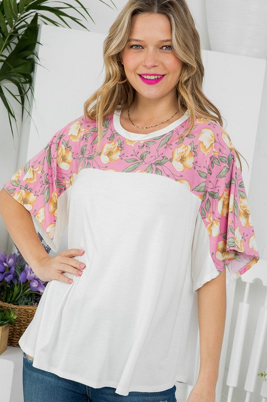 SOLID AND FLORAL MIXED CASUAL TOP