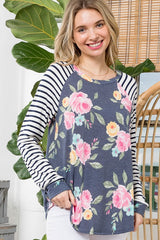 FLORAL STRIPE MIXED BASEBALL TOP