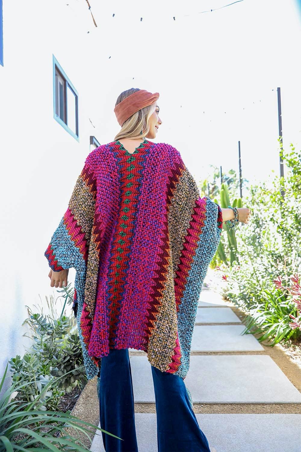 Colorful Crochet Patterned Ruana: Magenta