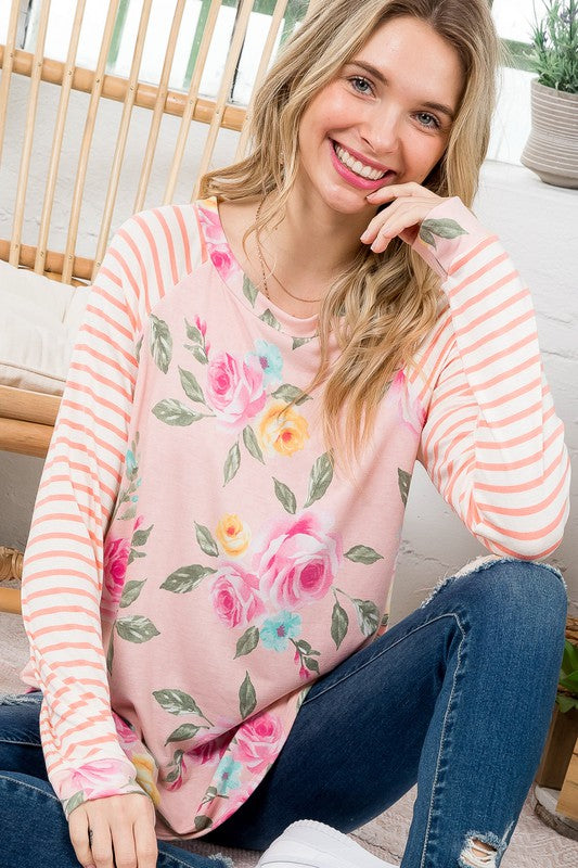 FLORAL STRIPE MIXED BASEBALL TOP