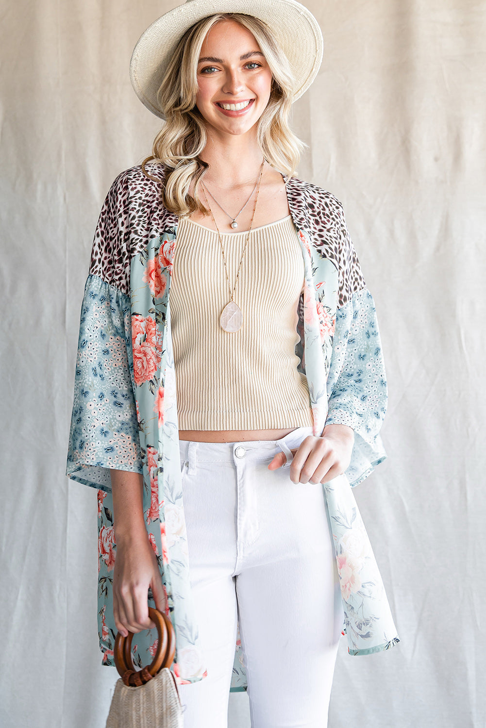 Animal Print Floral Three-Quarter Sleeve Cardigan