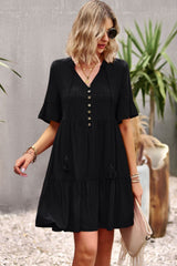 Tie Neck Buttoned Flounce Sleeve Dress