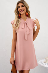 Tie Neck Flutter Sleeve Shift Dress