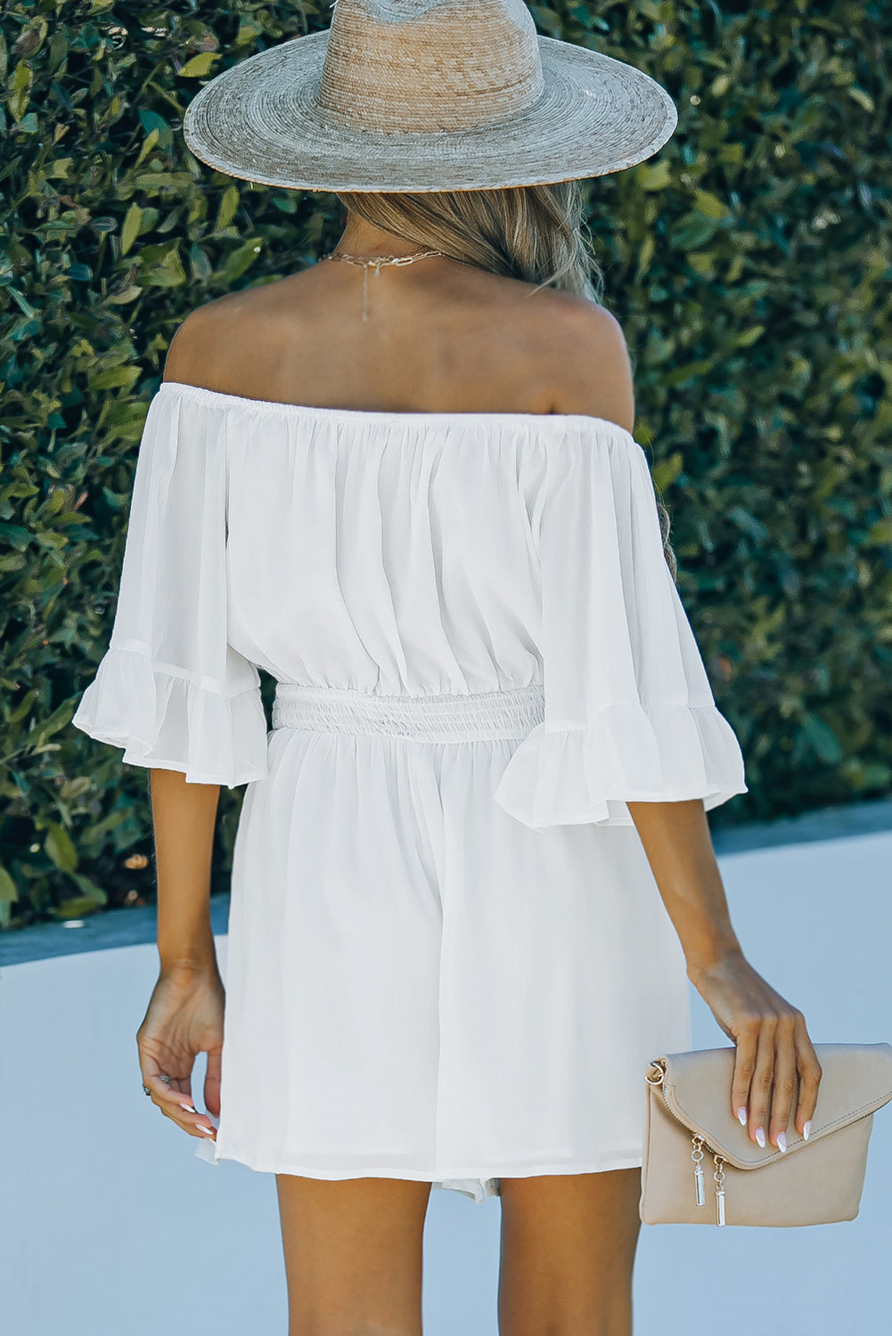 Off-Shoulder Smocked Waist Flounce Sleeve Romper