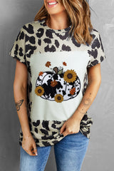 Leopard Print Round Neck Pumpkin Graphic Tee