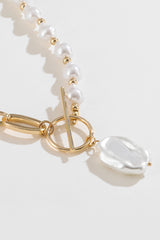 5-Piece Wholesale Half Pearl Half Chain Toggle Clasp Necklace