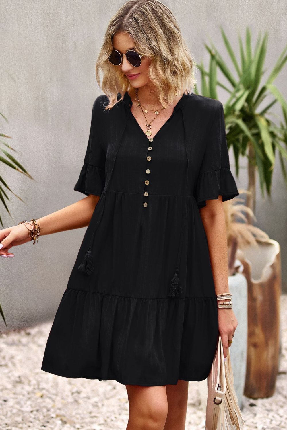 Tie Neck Buttoned Flounce Sleeve Dress