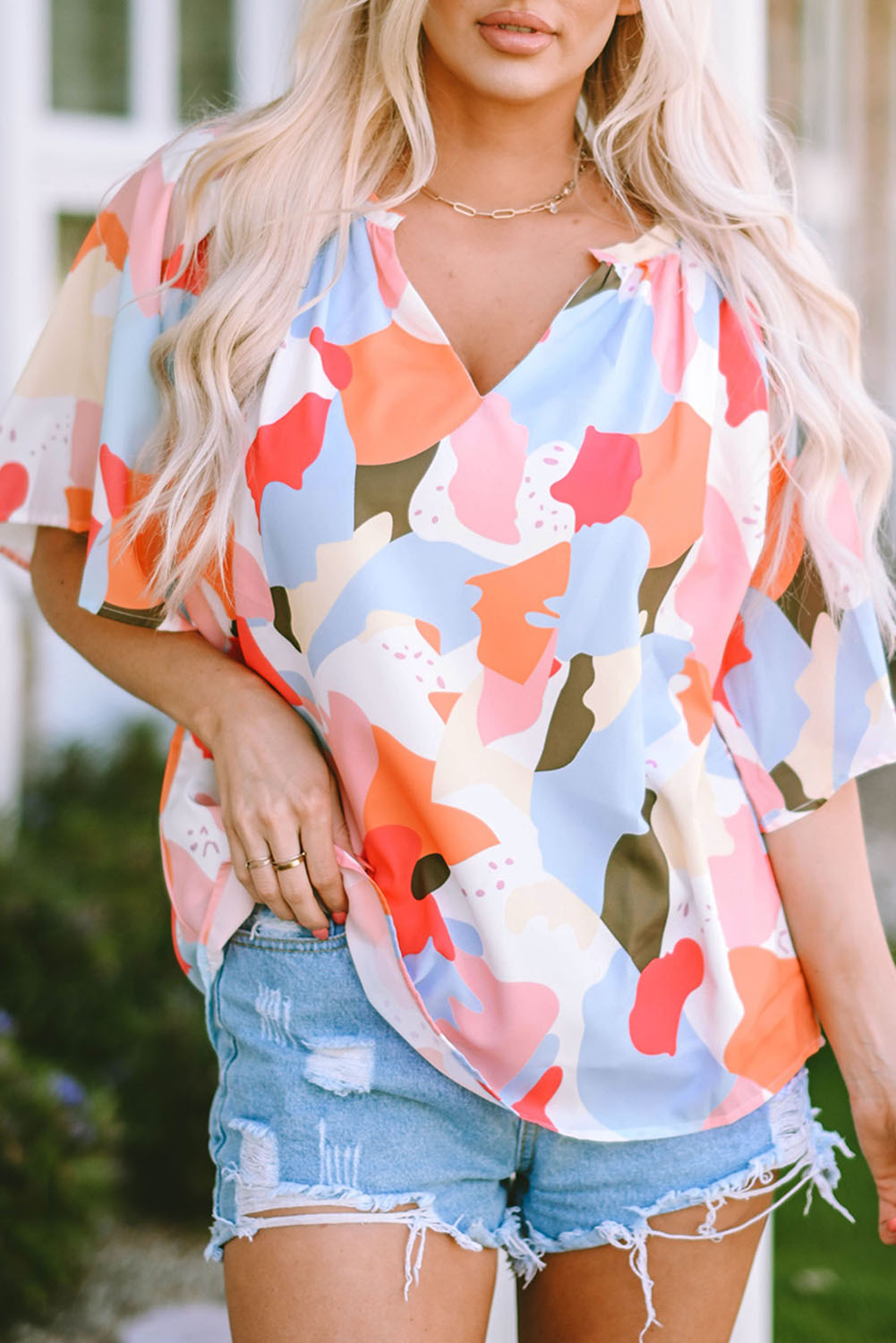 Printed Notched Neck Half Sleeve Blouse