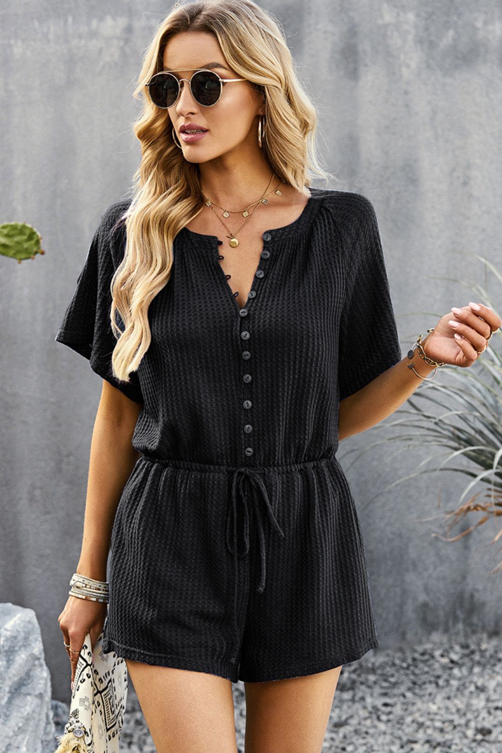 Waffle-Knit Drawstring Waist Romper