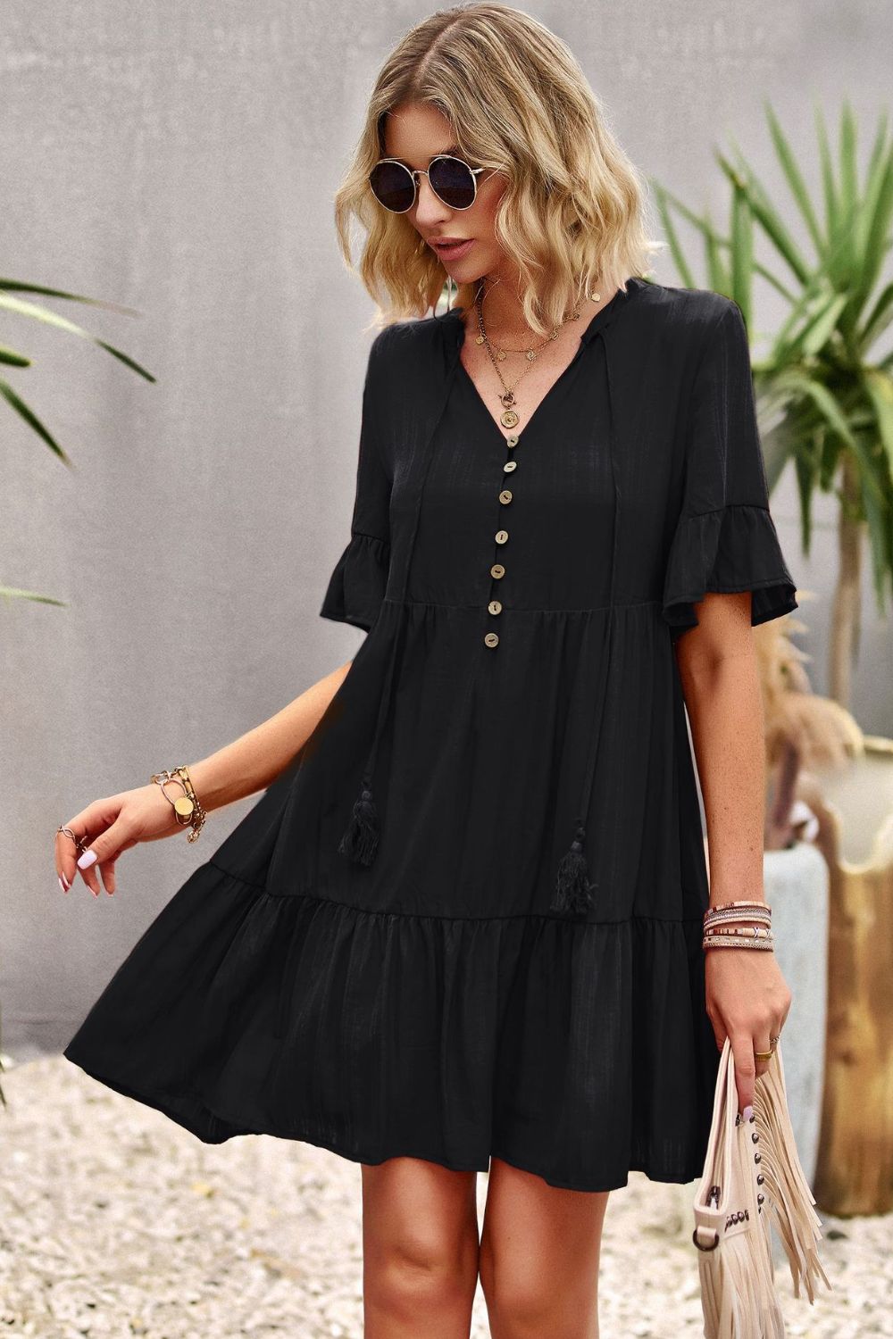 Tie Neck Buttoned Flounce Sleeve Dress