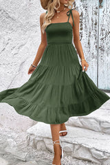 Tie-Shoulder Tiered Midi Dress